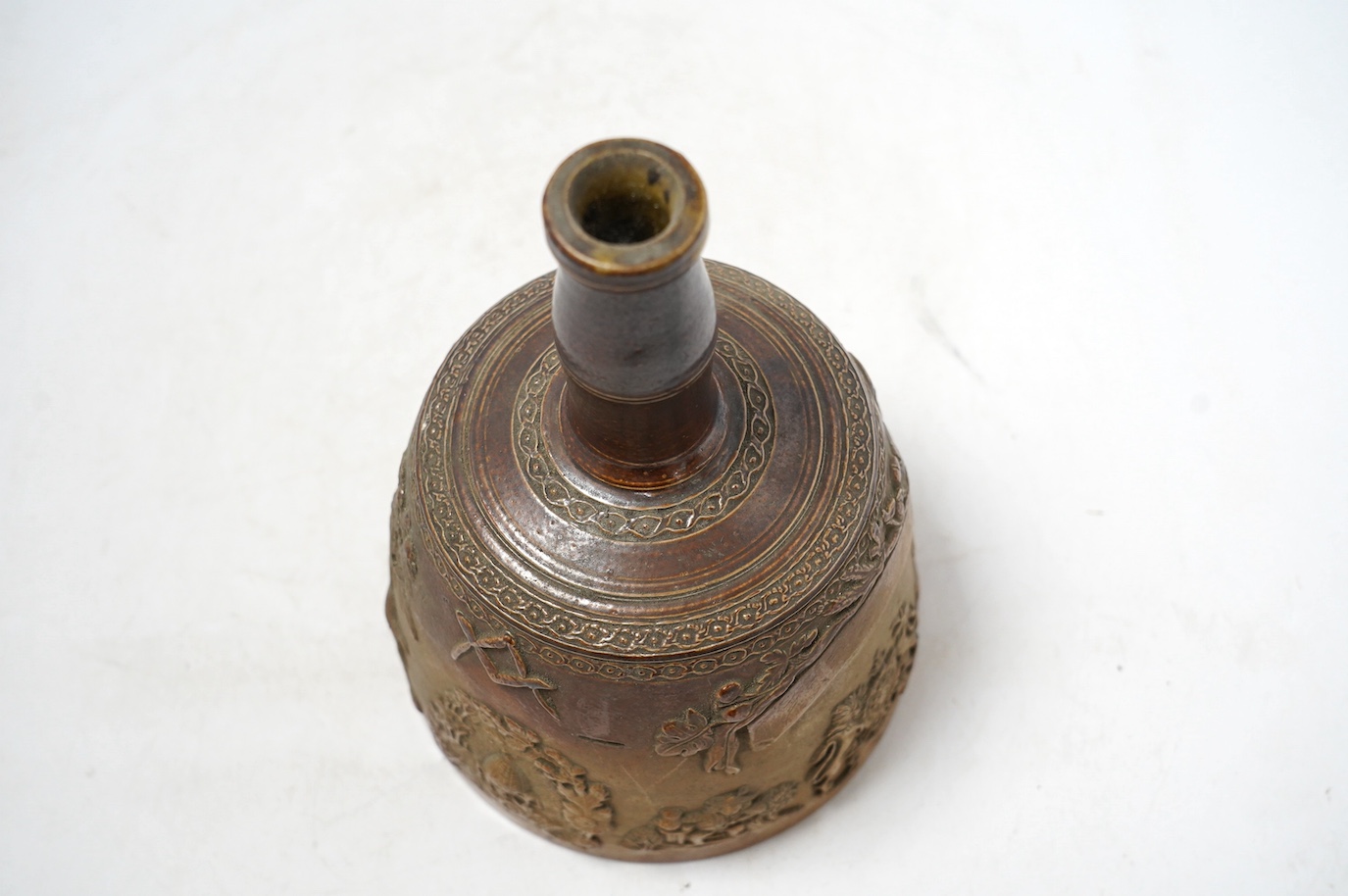 A mid 19th century Masonic stoneware mallet shaped bottle, 24cm high. Condition - good